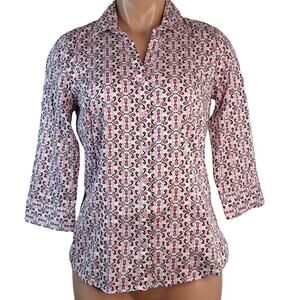 Dana Buchman Button Down Top with 3/4 Sleeve White Pink‎ Black Size Small